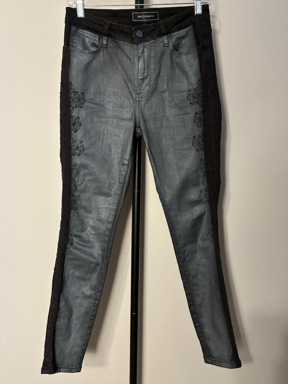 Brockenbow Reina Skinny High Waist Glitter Tuxedo Venus Silver Black Jeans 27